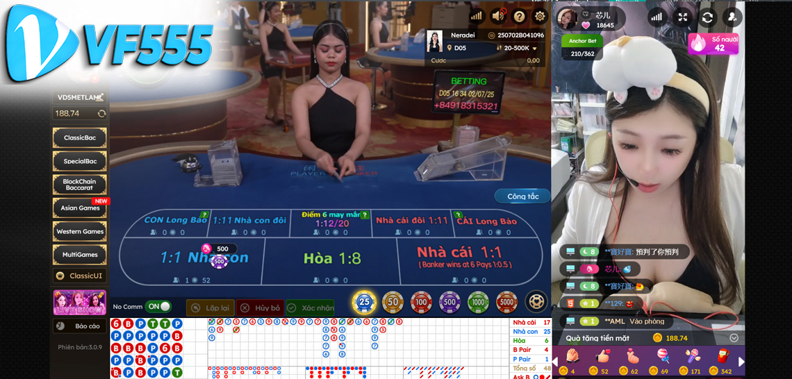 Bàn chơi Baccarat VF555 với nhiều góc nhìn